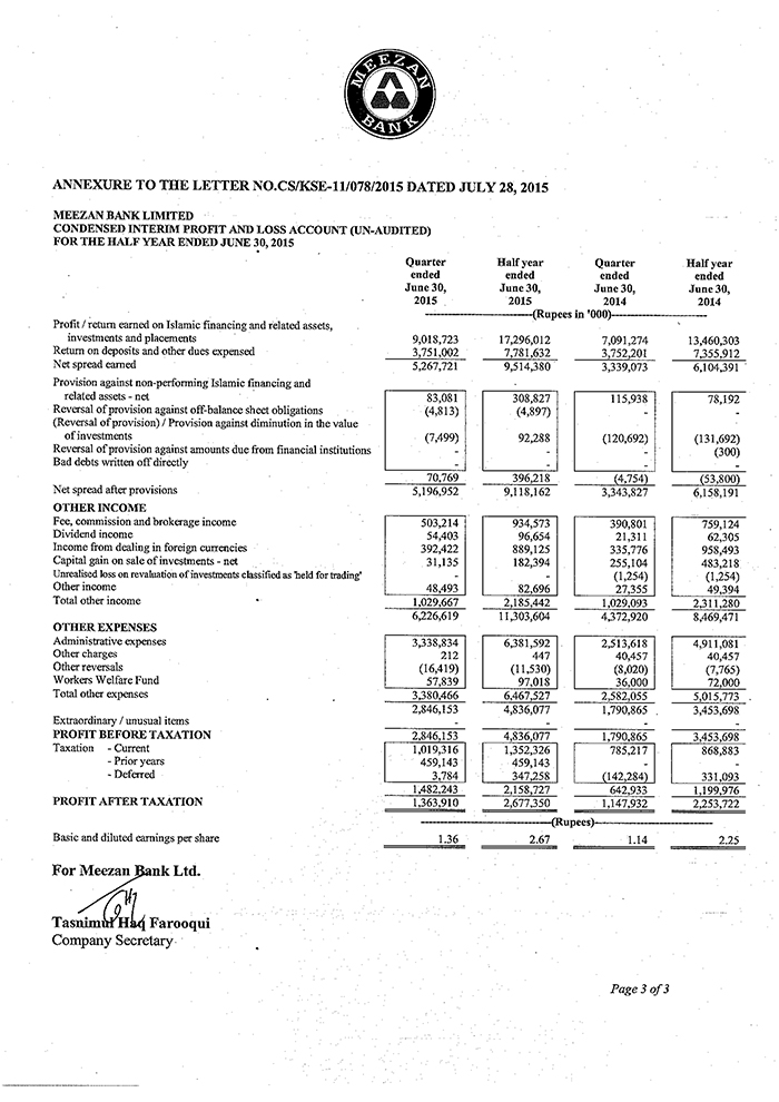 Financial Results for the Half Year Ended June 30, 2015 (3)